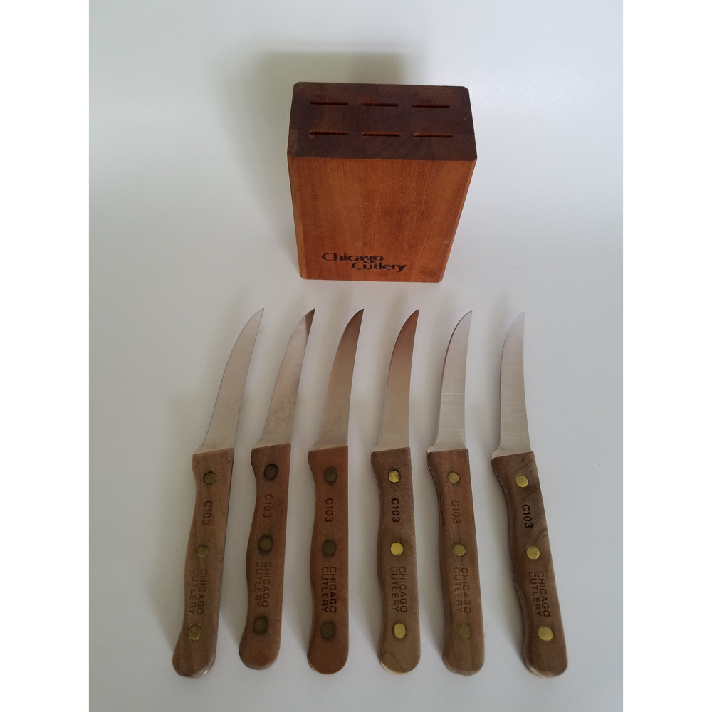 VTG Chicago Cutlery C103 Steak Knife Set Of 6 With Wood Block Very Sharp